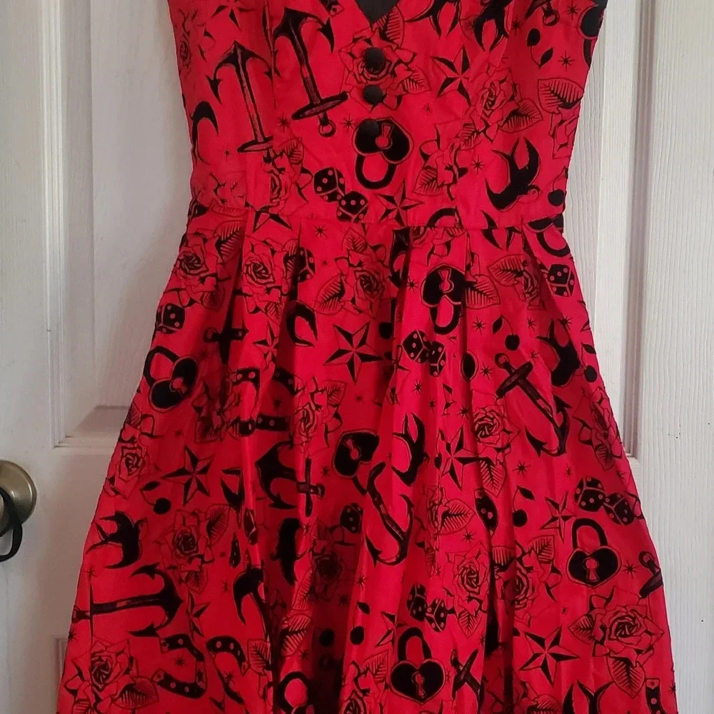 Hell Bunny Vixen red all over print tattoo flash flock retro dress - Picture 2 of 8
